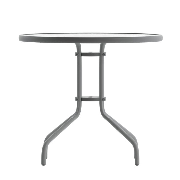 English Elm Lila Café-Style Glass Metal Table Set with 4 Stackable Chairs for Indoor and Outdoor Dining Spaces Silver 31.5" Round TLH-072RD-017CSV4-GG