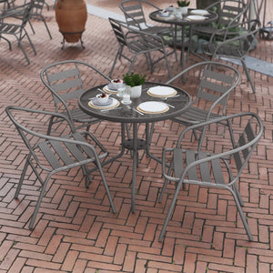 English Elm Lila Café-Style Glass Metal Table Set with 4 Stackable Chairs for Indoor and Outdoor Dining Spaces Silver 31.5" Round TLH-072RD-017CSV4-GG