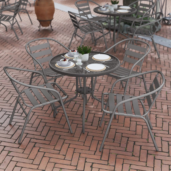English Elm Lila Café-Style Glass Metal Table Set with 4 Stackable Chairs for Indoor and Outdoor Dining Spaces Silver 31.5" Round TLH-072RD-017CSV4-GG