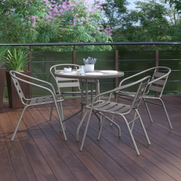 English Elm Lila Café-Style Glass Metal Table Set with 4 Stackable Chairs for Indoor and Outdoor Dining Spaces Silver 31.5" Round TLH-072RD-017CSV4-GG