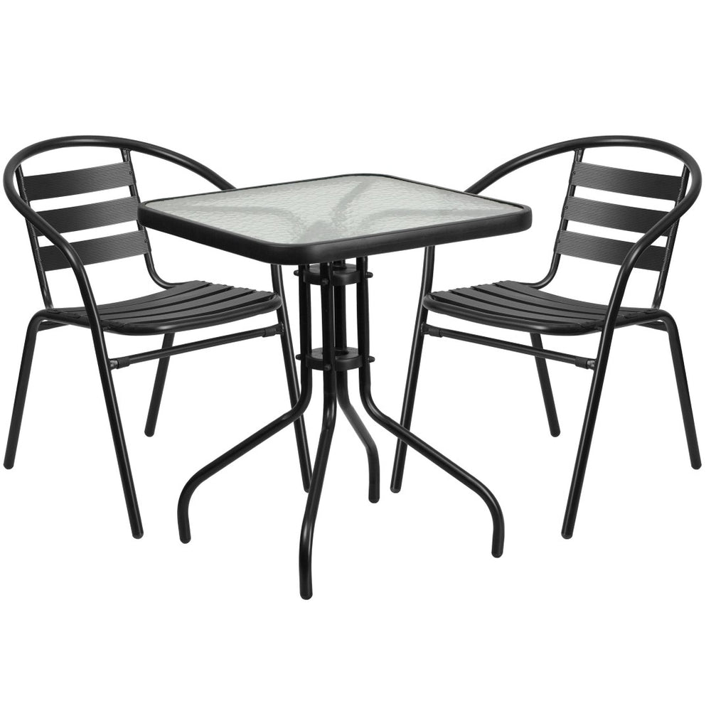 English Elm Lila Modern Industrial 3-Piece Glass Table Set with Stackable Chairs for Patios and Indoor Spaces Black 23.5" Square TLH-0731SQ-017CBK2-GG