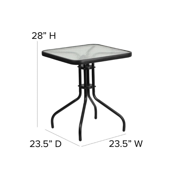 English Elm Lila Modern Industrial 3-Piece Glass Table Set with Stackable Chairs for Patios and Indoor Spaces Black 23.5" Square TLH-0731SQ-017CBK2-GG