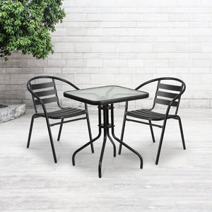 English Elm Lila Modern Industrial 3-Piece Glass Table Set with Stackable Chairs for Patios and Indoor Spaces Black 23.5" Square TLH-0731SQ-017CBK2-GG