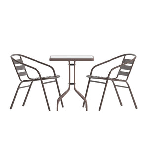 English Elm Lila Modern Industrial 3-Piece Glass Table Set with Stackable Chairs for Patios and Indoor Spaces Bronze 23.5" Square TLH-0731SQ-017CBZ2-GG