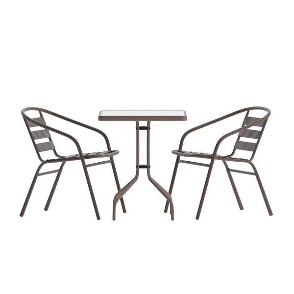 English Elm Lila Modern Industrial 3-Piece Glass Table Set with Stackable Chairs for Patios and Indoor Spaces Bronze 23.5" Square TLH-0731SQ-017CBZ2-GG