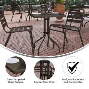 English Elm Lila Modern Industrial 3-Piece Glass Table Set with Stackable Chairs for Patios and Indoor Spaces Bronze 23.5" Square TLH-0731SQ-017CBZ2-GG