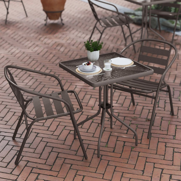 English Elm Lila Modern Industrial 3-Piece Glass Table Set with Stackable Chairs for Patios and Indoor Spaces Bronze 23.5" Square TLH-0731SQ-017CBZ2-GG