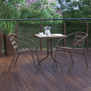 English Elm Lila Modern Industrial 3-Piece Glass Table Set with Stackable Chairs for Patios and Indoor Spaces Bronze 23.5" Square TLH-0731SQ-017CBZ2-GG