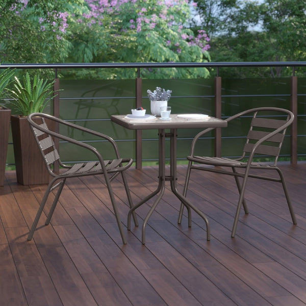 English Elm Lila Modern Industrial 3-Piece Glass Table Set with Stackable Chairs for Patios and Indoor Spaces Bronze 23.5" Square TLH-0731SQ-017CBZ2-GG