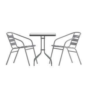 English Elm Lila Modern Industrial 3-Piece Glass Table Set with Stackable Chairs for Patios and Indoor Spaces Silver 23.5" Square TLH-0731SQ-017CSV2-GG