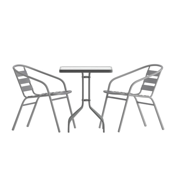English Elm Lila Modern Industrial 3-Piece Glass Table Set with Stackable Chairs for Patios and Indoor Spaces Silver 23.5" Square TLH-0731SQ-017CSV2-GG