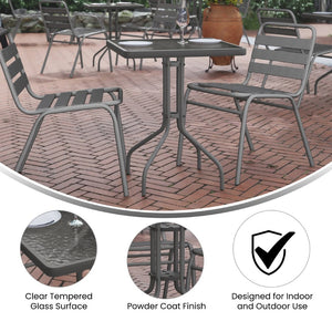 English Elm Lila Modern Industrial 3-Piece Glass Table Set with Stackable Chairs for Patios and Indoor Spaces Silver 23.5" Square TLH-0731SQ-017CSV2-GG