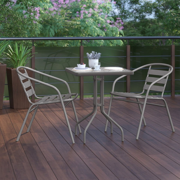 English Elm Lila Modern Industrial 3-Piece Glass Table Set with Stackable Chairs for Patios and Indoor Spaces Silver 23.5" Square TLH-0731SQ-017CSV2-GG