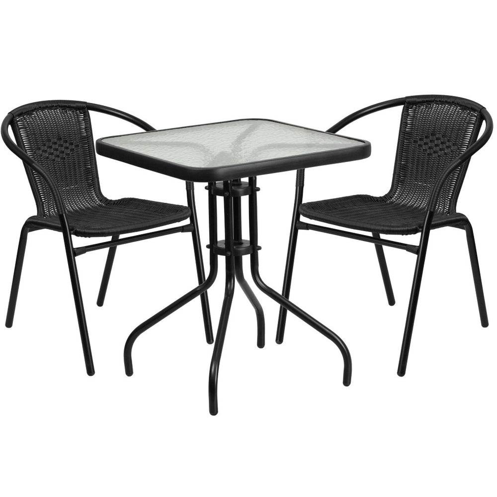 English Elm Lila 3-Piece Modern Bistro Set: Square Glass Table & Stackable Black Rattan Chairs for Outdoor Elegance TLH-0731SQ-037BK2-GG