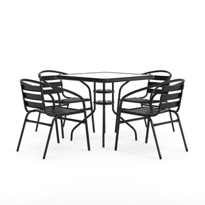 English Elm Lila Stylish Glass Metal Dining Set with Stackable Aluminum Chairs for Patios and Cafés, Durable Design Black 31.5" Square TLH-0732SQ-017CBK4-GG