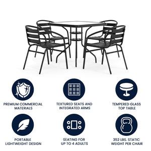 English Elm Lila Stylish Glass Metal Dining Set with Stackable Aluminum Chairs for Patios and Cafés, Durable Design Black 31.5" Square TLH-0732SQ-017CBK4-GG