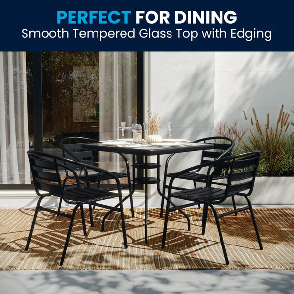 English Elm Lila Stylish Glass Metal Dining Set with Stackable Aluminum Chairs for Patios and Cafés, Durable Design Black 31.5" Square TLH-0732SQ-017CBK4-GG