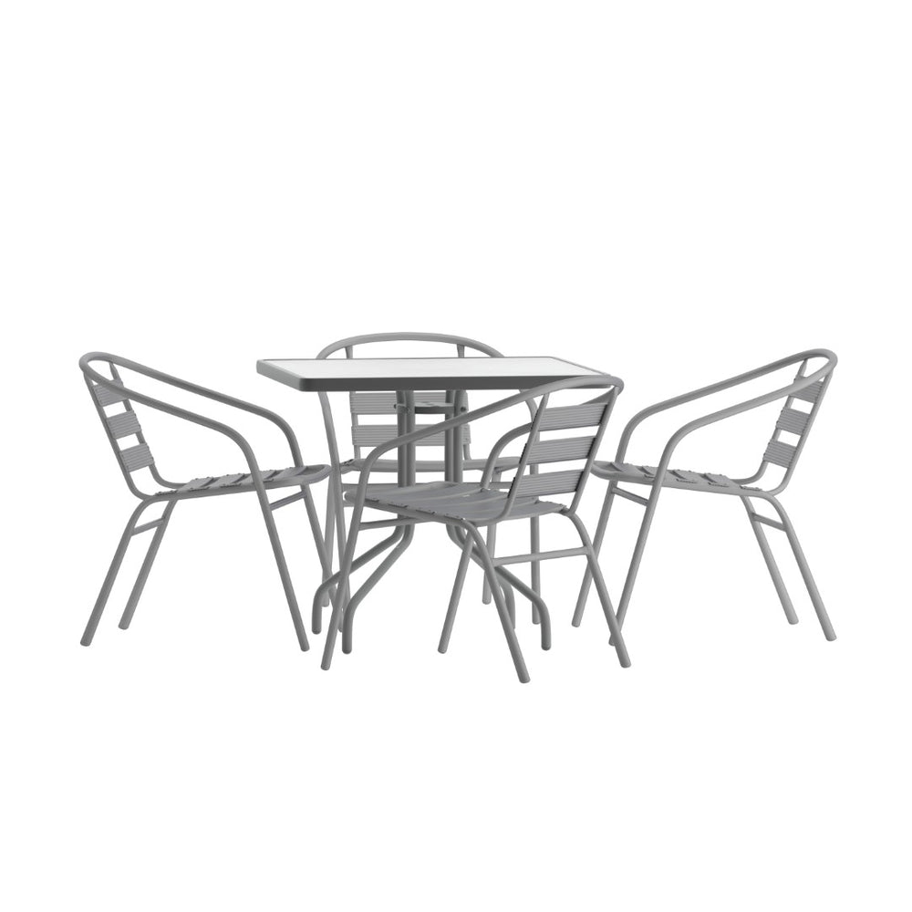 English Elm Lila Stylish Glass Metal Dining Set with Stackable Aluminum Chairs for Patios and Cafés, Durable Design Silver 31.5" Square TLH-0732SQ-017CSV4-GG