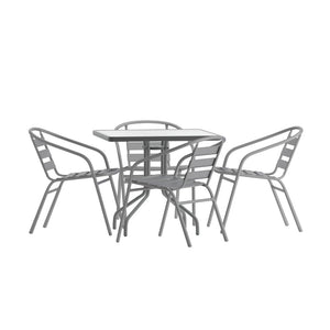 English Elm Lila Stylish Glass Metal Dining Set with Stackable Aluminum Chairs for Patios and Cafés, Durable Design Silver 31.5" Square TLH-0732SQ-017CSV4-GG