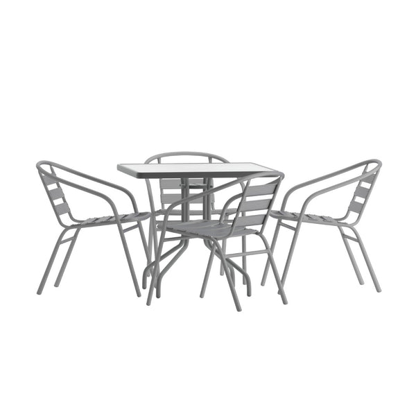 English Elm Lila Stylish Glass Metal Dining Set with Stackable Aluminum Chairs for Patios and Cafés, Durable Design Silver 31.5" Square TLH-0732SQ-017CSV4-GG