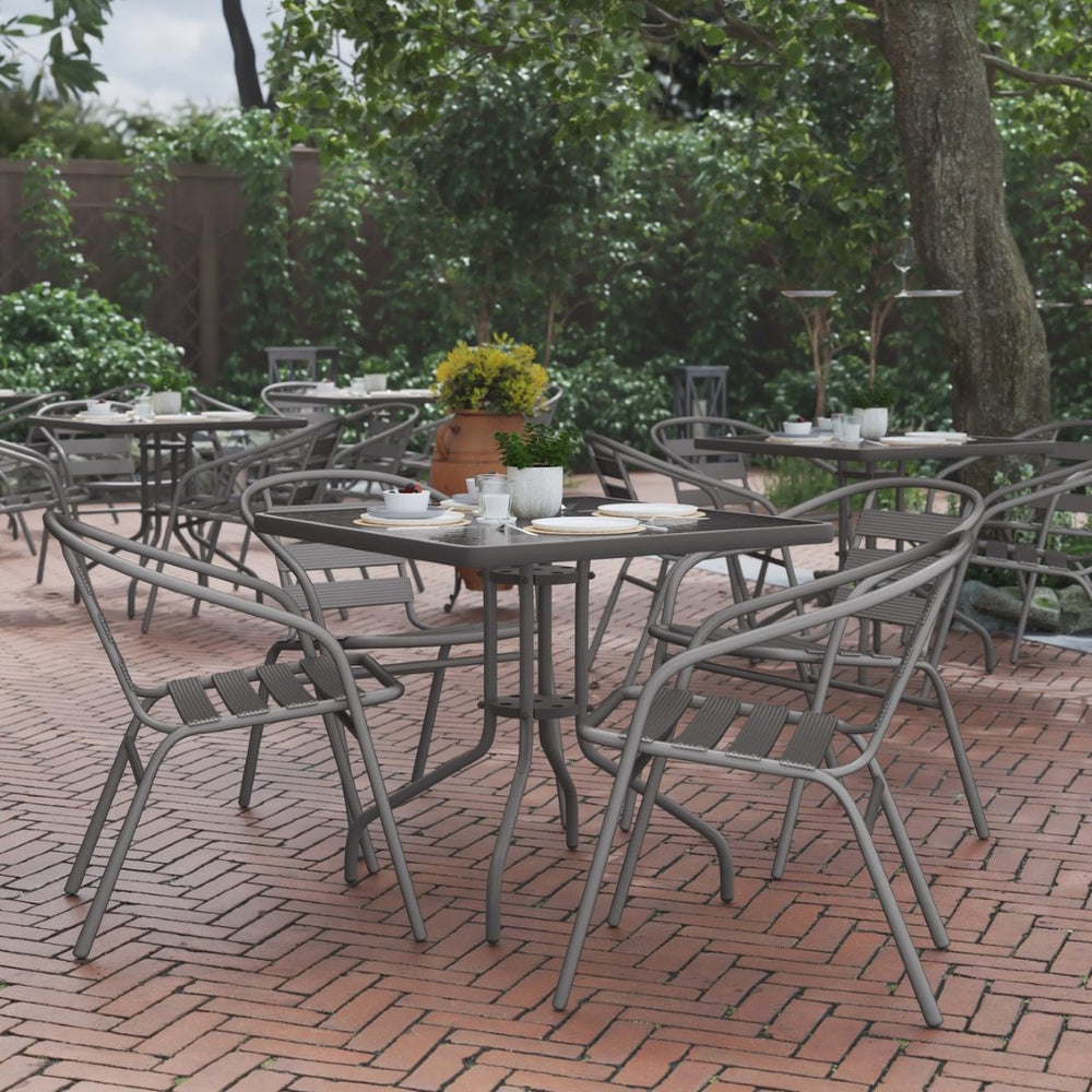 English Elm Lila Stylish Glass Metal Dining Set with Stackable Aluminum Chairs for Patios and Cafés, Durable Design Silver 31.5" Square TLH-0732SQ-017CSV4-GG