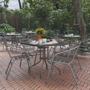 English Elm Lila Stylish Glass Metal Dining Set with Stackable Aluminum Chairs for Patios and Cafés, Durable Design Silver 31.5" Square TLH-0732SQ-017CSV4-GG