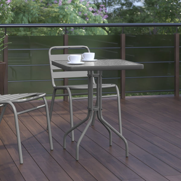 English Elm Barker Stylish Bistro Table with Durable Glass Top and Bronze Metal Frame for Indoor/Outdoor Use Clear Top/Silver Frame 23.5" Square TLH-073A-1-SV-GG