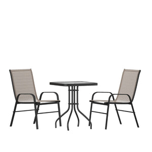 English Elm Brazos 3-Piece Outdoor Patio Dining Set - Modern Square Glass Table with Stackable Sling Chairs Brown TLH-073A1303C-BN-GG