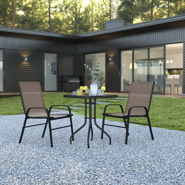 English Elm Brazos 3-Piece Outdoor Patio Dining Set - Modern Square Glass Table with Stackable Sling Chairs Brown TLH-073A1303C-BN-GG