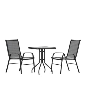 English Elm Brazos 3-Piece Outdoor Patio Dining Set - Modern Square Glass Table with Stackable Sling Chairs Black TLH-073A1303C-GG
