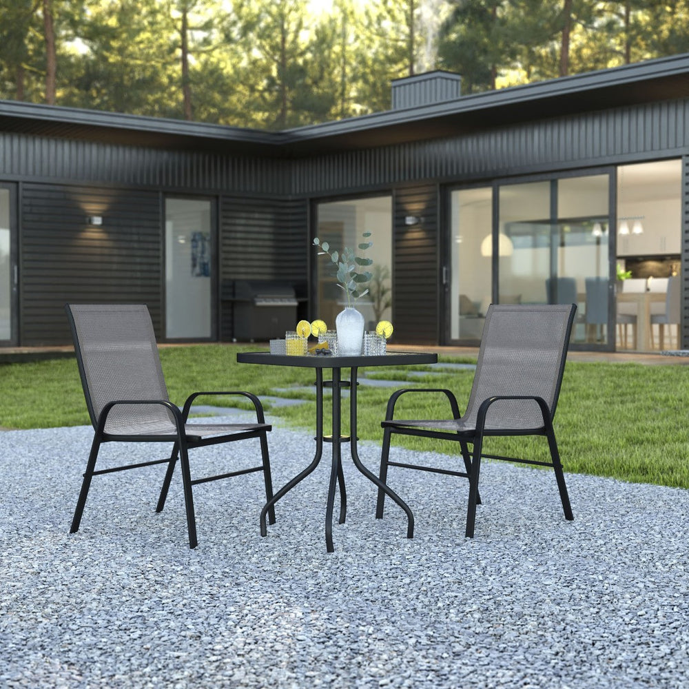 English Elm Brazos 3-Piece Outdoor Patio Dining Set - Modern Square Glass Table with Stackable Sling Chairs Gray TLH-073A1303C-GY-GG