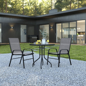 English Elm Brazos 3-Piece Outdoor Patio Dining Set - Modern Square Glass Table with Stackable Sling Chairs Gray TLH-073A1303C-GY-GG
