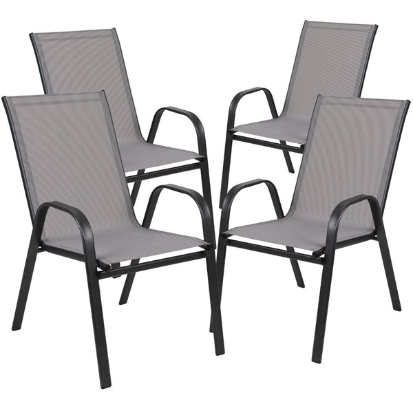 English Elm Brazos 3-Piece Outdoor Patio Dining Set - Modern Square Glass Table with Stackable Sling Chairs Gray TLH-073A1303C-GY-GG