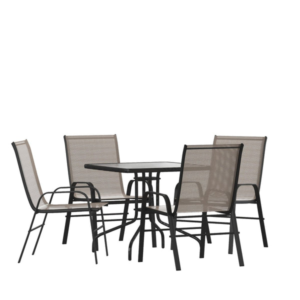 English Elm Brazos 5-Piece Modern Outdoor Dining Set with Stylish Tempered Glass Table and Ergonomic Chairs Brown TLH-073A2303C-BN-GG