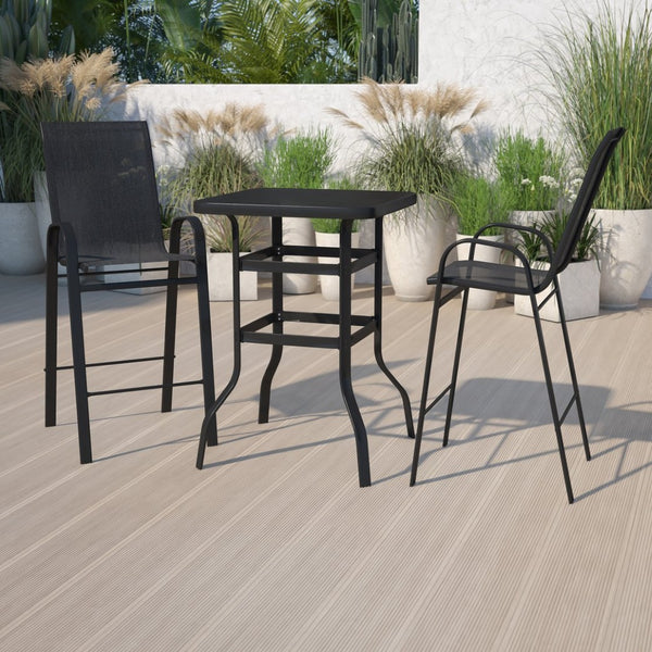 English Elm Brazos Outdoor Bistro Set - Stylish 2-Person Dining Experience with Durable Glass Table and Stools Black 27.5" Square TLH-073H092H-B-GG