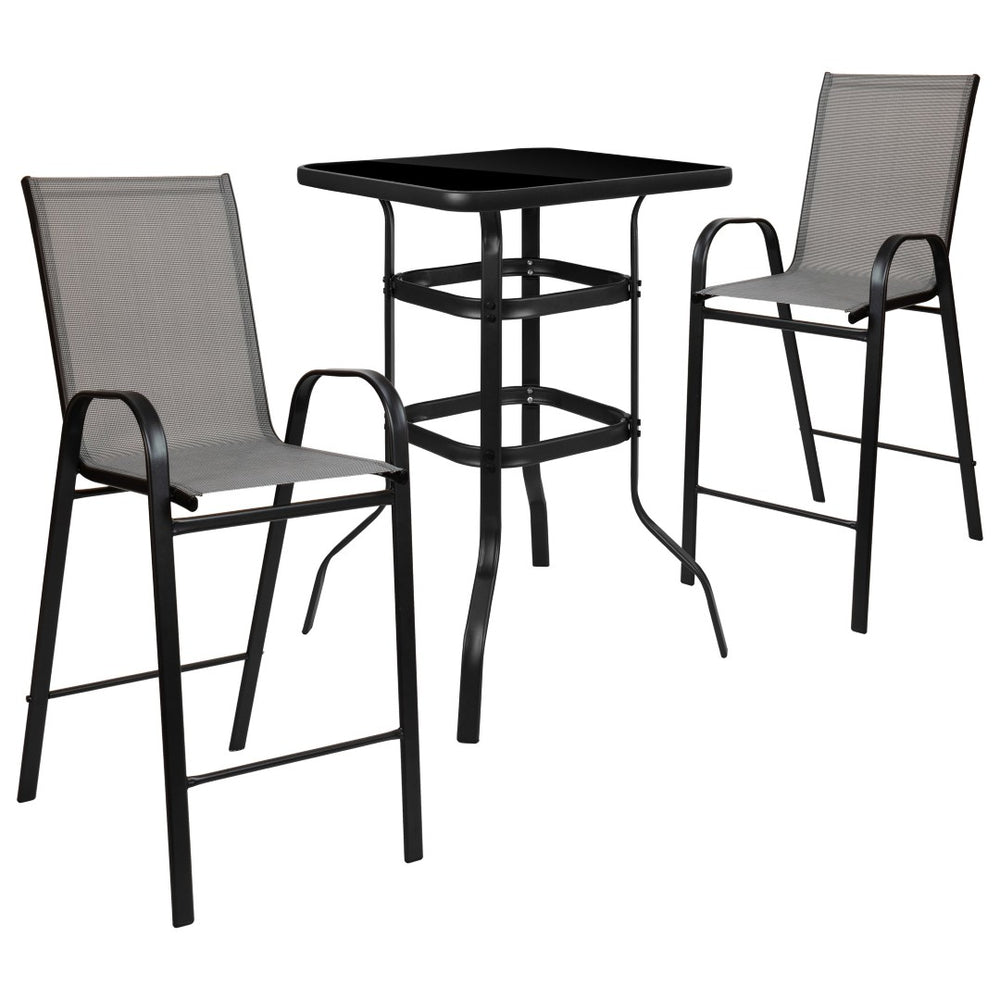 English Elm Brazos Outdoor Bistro Set - Stylish 2-Person Dining Experience with Durable Glass Table and Stools Gray 27.5" Square TLH-073H092H-GR-GG