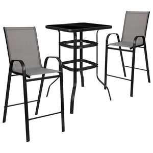English Elm Brazos Outdoor Bistro Set - Stylish 2-Person Dining Experience with Durable Glass Table and Stools Gray 27.5" Square TLH-073H092H-GR-GG
