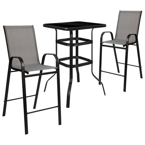 English Elm Brazos Outdoor Bistro Set - Stylish 2-Person Dining Experience with Durable Glass Table and Stools Gray 27.5" Square TLH-073H092H-GR-GG