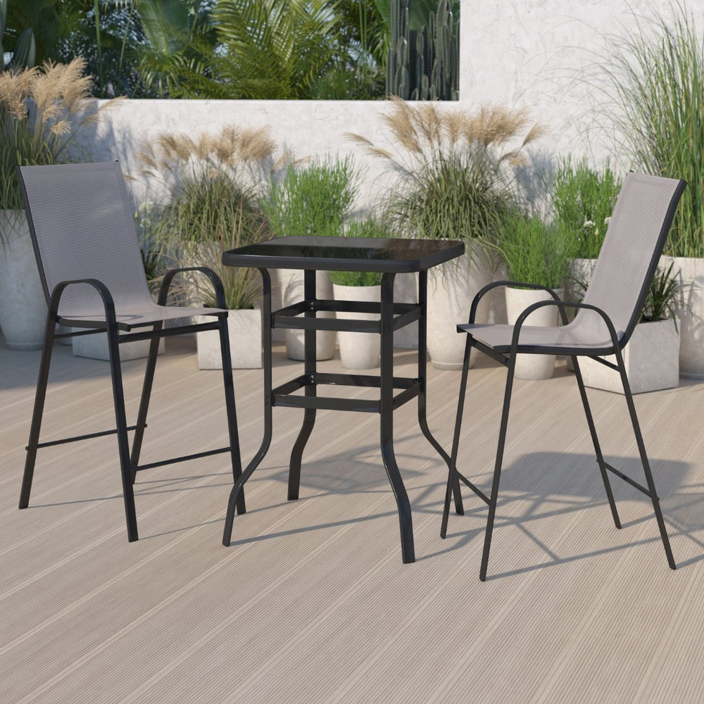 English Elm Brazos Outdoor Bistro Set - Stylish 2-Person Dining Experience with Durable Glass Table and Stools Gray 27.5" Square TLH-073H092H-GR-GG