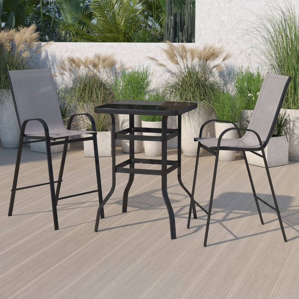 English Elm Brazos Outdoor Bistro Set - Stylish 2-Person Dining Experience with Durable Glass Table and Stools Gray 27.5" Square TLH-073H092H-GR-GG