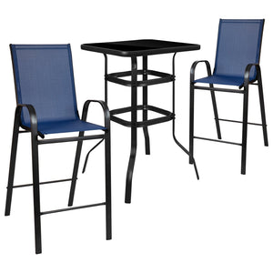 English Elm Brazos Outdoor Bistro Set - Stylish 2-Person Dining Experience with Durable Glass Table and Stools Navy 27.5" Square TLH-073H092H-NV-GG