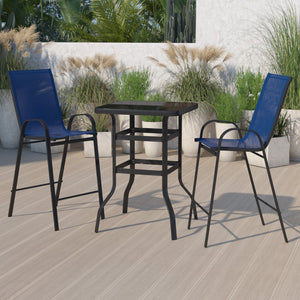 English Elm Brazos Outdoor Bistro Set - Stylish 2-Person Dining Experience with Durable Glass Table and Stools Navy 27.5" Square TLH-073H092H-NV-GG