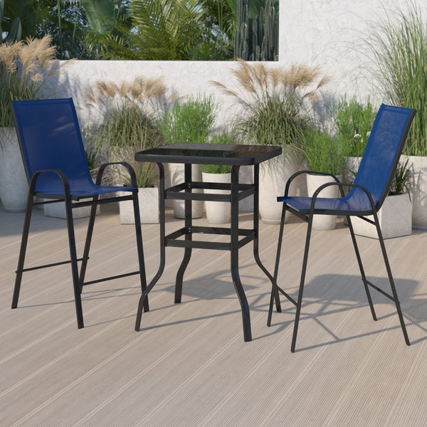 English Elm Brazos Outdoor Bistro Set - Stylish 2-Person Dining Experience with Durable Glass Table and Stools Navy 27.5" Square TLH-073H092H-NV-GG