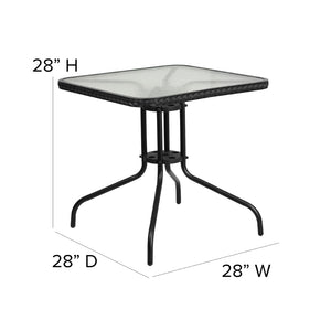 English Elm Barker Tempered Glass Metal Table with Black Rattan Edging for Stylish Indoor and Outdoor Dining Clear Top/Black Frame 28" Square TLH-073R-BK-GG