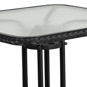 English Elm Barker Tempered Glass Metal Table with Black Rattan Edging for Stylish Indoor and Outdoor Dining Clear Top/Black Frame 28" Square TLH-073R-BK-GG