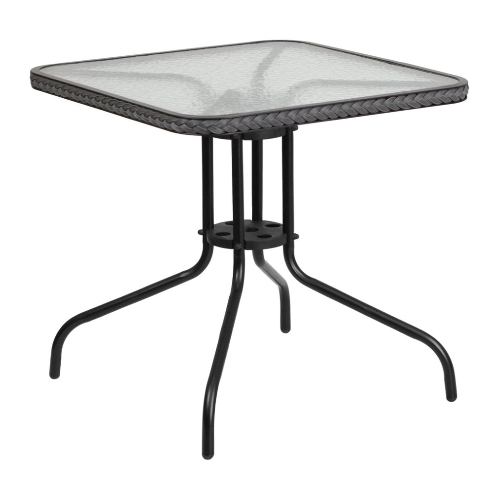 English Elm Barker Tempered Glass Metal Table with Black Rattan Edging for Stylish Indoor and Outdoor Dining Clear Top/Gray Frame 28" Square TLH-073R-GY-GG