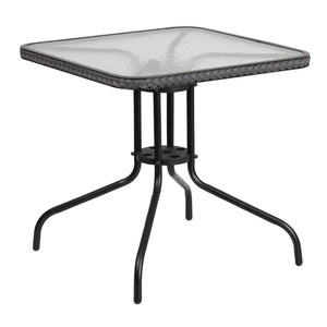 English Elm Barker Tempered Glass Metal Table with Black Rattan Edging for Stylish Indoor and Outdoor Dining Clear Top/Gray Frame 28" Square TLH-073R-GY-GG