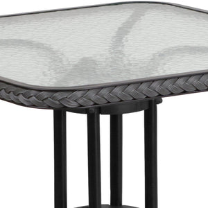 English Elm Barker Tempered Glass Metal Table with Black Rattan Edging for Stylish Indoor and Outdoor Dining Clear Top/Gray Frame 28" Square TLH-073R-GY-GG