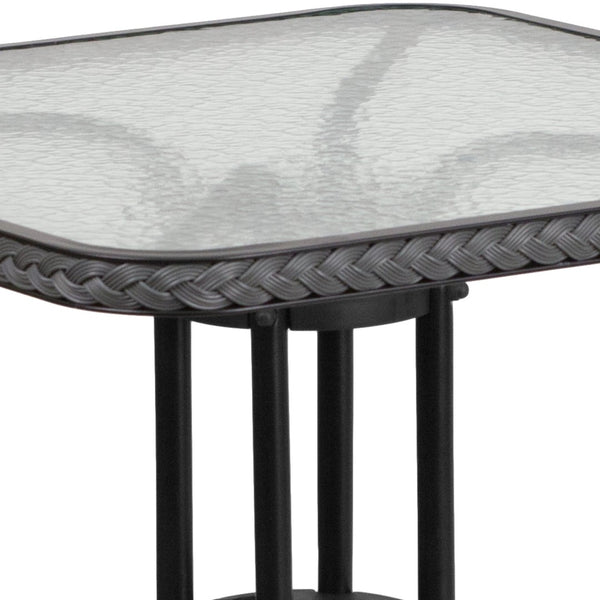 English Elm Barker Tempered Glass Metal Table with Black Rattan Edging for Stylish Indoor and Outdoor Dining Clear Top/Gray Frame 28" Square TLH-073R-GY-GG