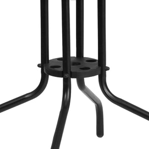 English Elm Barker Tempered Glass Metal Table with Black Rattan Edging for Stylish Indoor and Outdoor Dining Clear Top/Gray Frame 28" Square TLH-073R-GY-GG